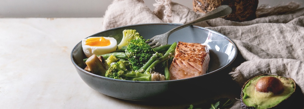 Protein packed bowl with fork sitting on countertop